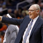 Sacramento Kings head coach George Karl argues officials during the first half of an NBA preseason basketball game against the Phoenix Suns, Wednesday, Oct. 7, 2015, in Phoenix. (AP Photo/Ross D. Franklin)