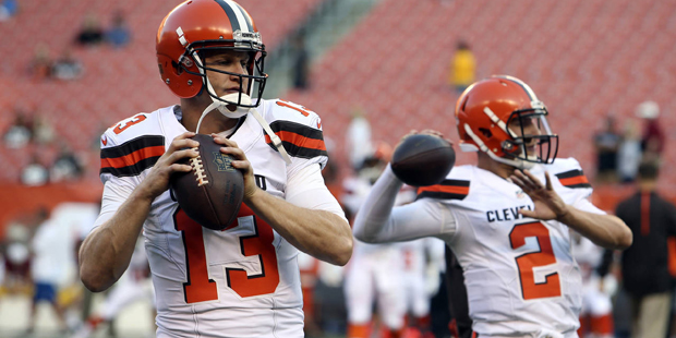 In this Thursday, Aug. 13, 2015 photo, Cleveland Browns quarterbacks Josh McCown (13) and Johnny Ma...