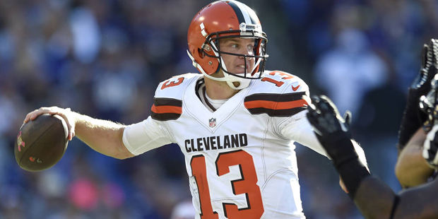 Cleveland Browns quarterback Josh McCown throws to a receiver in the second half of an NFL football...
