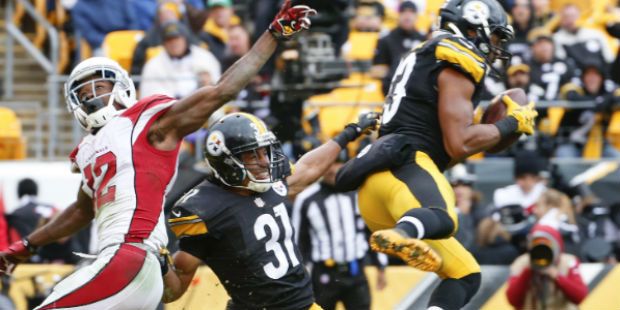 Pittsburgh Steelers free safety Mike Mitchell (23) intercepts a pass intended for Arizona Cardinals...