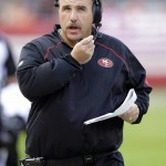 San Francisco 49ers head coach Jim Tomsula walks on the sideline during the first half of an NFL football game against the Baltimore Ravens in Santa Clara, Calif., Sunday, Oct. 18, 2015. (AP Photo/Ben Margot)