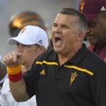 Arizona State head coach Todd Graham gestures during the first half of an NCAA college football game against UCLA, Saturday, Oct. 3, 2015, in Pasadena, Calif. (AP Photo/Mark J. Terrill)
