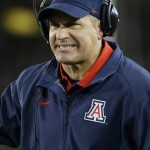 Arizona head coach Rich Rodriguez argues a call during the first half of an NCAA college football game against Stanford, Saturday, Oct. 3, 2015, in Stanford, Calif. (AP Photo/Marcio Jose Sanchez)