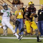 Arizona State's Gary Chambers (81) scores a touchdown as he beats Oregon's Tyree Robinson (3) to the end zone during the first half of an NCAA college football game Thursday, Oct. 29, 2015, in Tempe, Ariz. (AP Photo/Ross D. Franklin)
