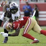 Baltimore Ravens wide receiver Steve Smith (89) is tackled by San Francisco 49ers strong safety Jaquiski Tartt (29) during the second half of an NFL football game in Santa Clara, Calif., Sunday, Oct. 18, 2015. (AP Photo/Marcio Jose Sanchez)