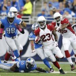 Arizona Cardinals running back Chris Johnson (23) rushes during the first half of an NFL football game against the Detroit Lions, Sunday, Oct. 11, 2015, in Detroit. (AP Photo/Rick Osentoski)