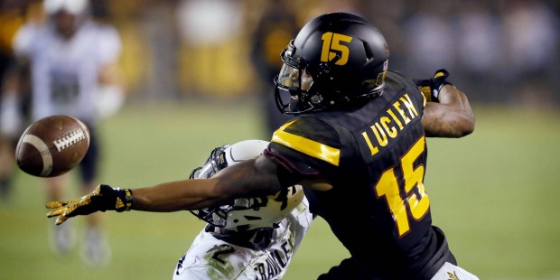 Arizona State wide receiver Devin Lucien (15) can't hold on the ball as Colorado defensive back Ken...