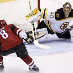 Boston Bruins' Tuukka Rask (40), of Finland, makes a save on a shot by Arizona Coyotes' Tobias Rieder (8), of Germany, during the second period of an NHL hockey game Saturday, Oct. 17, 2015, in Glendale, Ariz. (AP Photo/Ross D. Franklin)