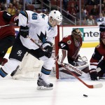 San Jose Sharks center Tomas Hertl (48) skates with the puck in the first period during a preseason NHL hockey game against the Arizona Coyotes, Friday, Oct. 2, 2015, in Glendale, Ariz. (AP Photo/Rick Scuteri)