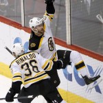 Boston Bruins' Tyler Randell, right, celebrates his goal against the Arizona Coyotes with Zac Rinaldo (36) during the second period of an NHL hockey game Saturday, Oct. 17, 2015, in Glendale, Ariz. (AP Photo/Ross D. Franklin)