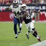 Arizona Cardinals wide receiver John Brown (12) runs the ball along the sideline against the St. Louis Rams during the second half of an NFL football game, Sunday, Oct. 4, 2015, in Glendale, Ariz. (AP Photo/Rick Scuteri)