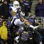 Arizona wide receiver Trey Griffey drops a pass in the end zone against Washington to end the first half an NCAA college football game Saturday, Oct. 31, 2015, in Seattle. (AP Photo/Elaine Thompson)