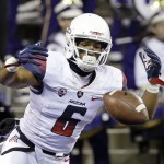 Arizona's Nate Phillips drops the opening kickoff against Washington to start the first half an NCAA college football game Saturday, Oct. 31, 2015, in Seattle. Phillips recovered the ball in the end zone to keep possession. (AP Photo/Elaine Thompson)