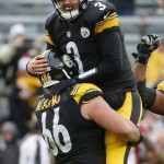 Pittsburgh Steelers quarterback Landry Jones (3) celebrates with guard David DeCastro (66) after throwing a touchdown pass to wide receiver Martavis Bryant (10) in the fourth quarter an NFL football game against the Arizona Cardinals, Sunday, Oct. 18, 2015 in Pittsburgh. The Steelers won 25-13. (AP Photo/Gene J. Puskar)