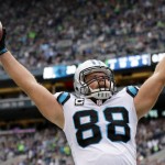 Carolina Panthers tight end Greg Olsen celebrates after catching a pass for a touchdown in the second half of an NFL football game against the Seattle Seahawks, Sunday, Oct. 18, 2015, in Seattle. The Panthers defeated the Seahawks 27-23. (AP Photo/Ryan Kang)