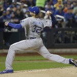 Kansas City Royals pitcher Chris Young throws during the first inning of Game 4 of the Major League Baseball World Series against the New York Mets Saturday, Oct. 31, 2015, in New York. (AP Photo/David J. Phillip)