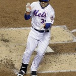 New York Mets' Michael Conforto celebrates after a home run against the Kansas City Royals during the fifth inning of Game 4 of the Major League Baseball World Series Saturday, Oct. 31, 2015, in New York. (AP Photo/David J. Phillip)