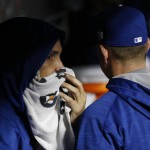 Kansas City Royals pitcher Chris Young, left, talks to pitching coach Dave Eiland the third inning of Game 4 of the Major League Baseball World Series Saturday, Oct. 31, 2015, in New York. (AP Photo/Matt Slocum)