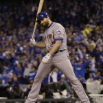 New York Mets' Daniel Murphy reacts after striking out looking during the sixth inning of Game 2 of the Major League Baseball World Series against the Kansas City Royals Wednesday, Oct. 28, 2015, in Kansas City, Mo. (AP Photo/Matt Slocum)