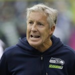 Seattle Seahawks head coach Pete Carroll reacts to a play in the second half of an NFL football game against the Carolina Panthers, Sunday, Oct. 18, 2015, in Seattle. The Panthers defeated the Seahawks 27-23. (AP Photo/Elaine Thompson)