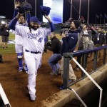 Kansas City Royals pitcher Johnny Cueto celebrates after Game 2 of the Major League Baseball World Series against the New York Mets Wednesday, Oct. 28, 2015, in Kansas City, Mo. The Royals won 7-1 to take a 2-0 lead in the series. (AP Photo/David J. Phillip)