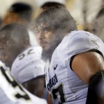 Colorado defensive lineman Justin Solis (57) sits with teammates on the bench during the second half of an NCAA college football game against Arizona State, Saturday, Oct. 10, 2015, in Tempe, Ariz. Arizona State won 48-23. (AP Photo/Matt York)