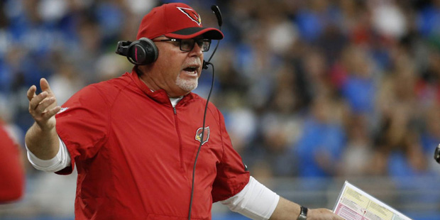 FILE - In this Oct. 12, 2015, file photo, Arizona Cardinals coach Bruce Arians argues a call during...