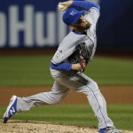 Kansas City Royals pitcher Danny Duffy pitches during the fifth inning of Game 4 of the Major League Baseball World Series against the New York Mets Saturday, Oct. 31, 2015, in New York. (AP Photo/Matt Slocum)