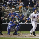 New York Mets' Michael Conforto hits a home run during the third inning of Game 4 of the Major League Baseball World Series against the Kansas City Royals Saturday, Oct. 31, 2015, in New York. (AP Photo/David J. Phillip)