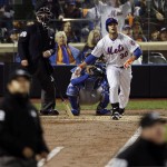 New York Mets' Michael Conforto watches his home run against the Kansas City Royals during the third inning in Game 4 of the Major League Baseball World Series Saturday, Oct. 31, 2015, in New York. (AP Photo/Peter Morgan)