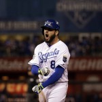 Kansas City Royals' Mike Moustakas reacts after hitting an RBI single during the fifth inning of Game 2 of the Major League Baseball World Series against the New York Mets Wednesday, Oct. 28, 2015, in Kansas City, Mo. (AP Photo/David J. Phillip)