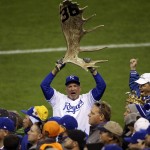 A Kansas City Royals fan holds up an antler during the fifth inning of Game 2 of the Major League Baseball World Series against the New York Mets Wednesday, Oct. 28, 2015, in Kansas City, Mo. (AP Photo/David Goldman)