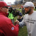 Arizona Cardinals head coach Bruce Arians, left, shakes hands with Pittsburgh Steelers head coach Mike Tomlin after an NFL football game in Pittsburgh, Sunday, Oct. 18, 2015. The Steelers won 25-13. (AP Photo/Gene J. Puskar)
