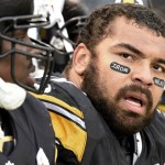 Pittsburgh Steelers defensive end Cameron Heyward (97) has his father's nickname on his eyeblack as he sits on the bench during an NFL football game against the Arizona Cardinals, Sunday, Oct. 18, 2015, in Pittsburgh. Heyward was reprimanded for wearing it in an earlier game. (AP Photo/Don Wright)