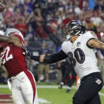 Arizona Cardinals strong safety Tony Jefferson (22) intercepts a  throw intended for Baltimore Ravens tight end Crockett Gillmore (80) in the end zone during the final seconds the second half of an NFL football game, Monday, Oct. 26, 2015, in Glendale, Ariz. The Cardinals won 26-18. (AP Photo/Rick Scuteri)