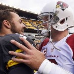 Pittsburgh Steelers quarterback Landry Jones, left, and Arizona Cardinals quarterback Carson Palmer, right, talk after an NFL football game, Sunday, Oct. 18, 2015, in Pittsburgh. The Steelers won 25-13. (AP Photo/Don Wright)