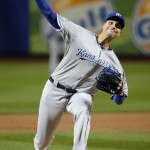 Kansas City Royals starting pitcher Chris Young throws against the New York Mets during the first inning of Game 4 of the Major League Baseball World Series Saturday, Oct. 31, 2015, in New York. (Sean Haffey/Pool via AP)