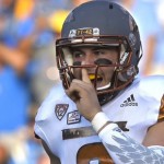 Arizona State quarterback Mike Bercovici gestures to fans after they scored a touchdown during the first half of an NCAA college football game against UCLA, Saturday, Oct. 3, 2015, in Pasadena, Calif. (AP Photo/Mark J. Terrill)