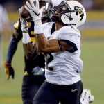 Colorado wide receiver Devin Ross (2) pulls in a touchdown pass against Arizona State during the second half of an NCAA college football game, Saturday, Oct. 10, 2015, in Tempe, Ariz. (AP Photo/Matt York)