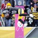 Pittsburgh Steelers wide receiver Martavis Bryant (10) flips into the end zone to score a touchdown after making a catch in the fourth quarter an NFL football game against the Arizona Cardinals, Sunday, Oct. 18, 2015 in Pittsburgh. The Steelers won 25-13. (AP Photo/Don Wright)