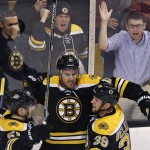 Boston Bruins right wing Jimmy Hayes, center, celebrates after his goal during the second period of an NHL hockey game against the Arizona Coyotes in Boston, Tuesday, Oct. 27, 2015. (AP Photo/Charles Krupa)
