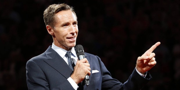 Two-time NBA most valuable player Steve Nash is introduced into the Suns Ring of Fire at halftime o...