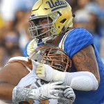 UCLA offensive lineman Alex Redmond, right, blocks Arizona State linebacker Viliami Latu during the first half of an NCAA college football game, Saturday, Oct. 3, 2015, in Pasadena, Calif. (AP Photo/Mark J. Terrill)