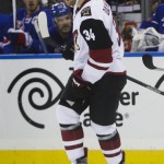 Arizona Coyotes' Klas Dahlbeck (34) smiles after scoring a goal during the first period of an NHL hockey game against the New York Rangers Thursday, Oct. 22, 2015, in New York. (AP Photo/Frank Franklin II)