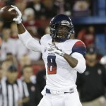Arizona quarterback Jerrard Randall throws against Stanford during the first half of an NCAA college football game Saturday, Oct. 3, 2015, in Stanford, Calif.  (AP Photo/Marcio Jose Sanchez)