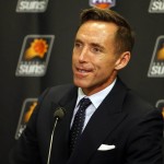 Two-time NBA most valuable player Steve Nash addresses the media prior to an NBA basketball game between the Phoenix Suns and the Portland Trail Blazers, Friday, Oct. 30, 2015, in Phoenix.  Nash will be inducted into the Suns Ring of Honor during the game. (AP Photo/Rick Scuteri)