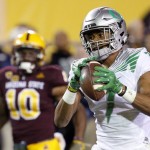 Oregon's Darren Carrington (7) beats Arizona State's Kweishi Brown (10) for a touchdown catch during the first half of an NCAA college football game Thursday, Oct. 29, 2015, in Tempe, Ariz. (AP Photo/Ross D. Franklin)