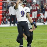 Baltimore Ravens kicker Justin Tucker (9) kicks a field goal against the Arizona Cardinals during the first half of an NFL football game, Monday, Oct. 26, 2015, in Glendale, Ariz. (AP Photo/Ross D. Franklin)