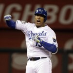 Kansas City Royals' Salvador Perez celebrates his double during the eighth inning of Game 2 of the Major League Baseball World Series against the New York Mets Wednesday, Oct. 28, 2015, in Kansas City, Mo. (AP Photo/David J. Phillip)