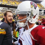 Pittsburgh Steelers quarterback Landry Jones, left, and Arizona Cardinals quarterback Carson Palmer, foreground,meet on the field after an NFL football game in Pittsburgh, Sunday, Oct. 18, 2015. The Steelers won 25-12. (AP Photo/Gene J. Puskar)